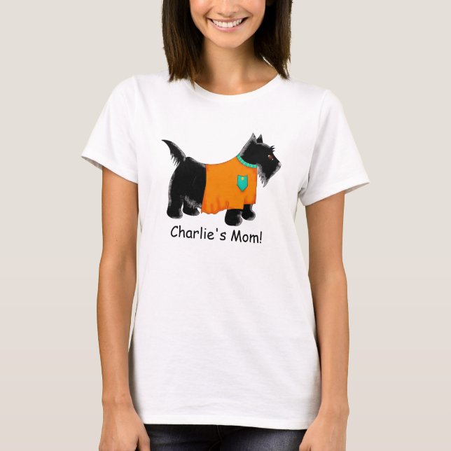 Black Scottie Terrier Hund Orange Namn Personlig Tee Shirt (Framsida)