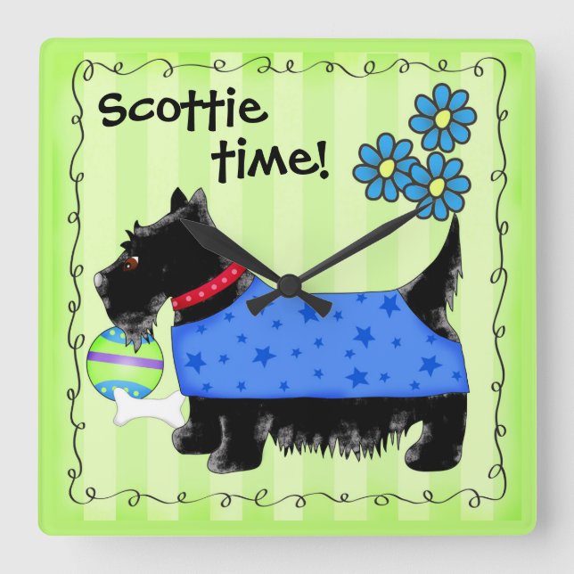 Black Scottie Terrier Hund Personlig Grönt Fyrkantig Klocka (Framsida)