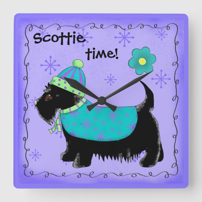 Black Scottie Time Hund Personlig Lavender Fyrkantig Klocka (Framsida)