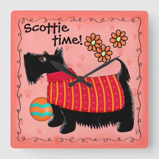 Black Scottie Time Hund Personlig Red Orange Fyrkantig Klocka (Framsida)