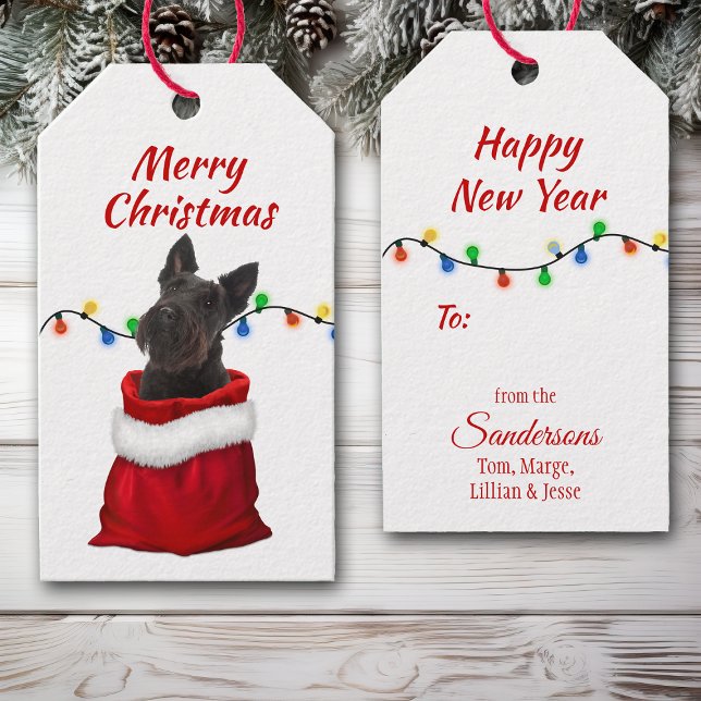 Black Scottish Terrier i Santa Bag Presentetikett (Skapare uppladdad)
