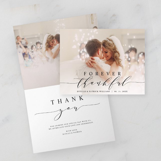Black Script 2 Photo Forever Thankful Bröllop Tack Kort (Front & Inside)