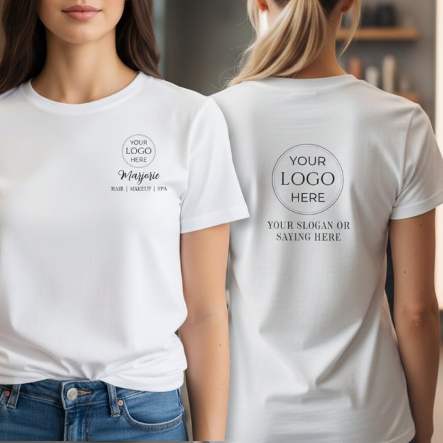 Black Script Employee Name Business Logo Makeup T Shirt (custom modern black script employee name business logo makeup hair salon tshirt)