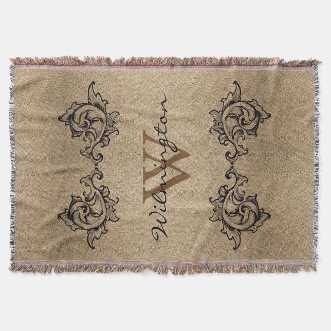 Black Scrolled Löv Faux Burlap - Familj Namn Mysfilt (Framsidan)