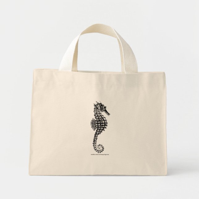 Black SEA HORSE Tote Bag Mini Tygkasse (Framsidan)