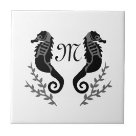 Black Seahorse Silhouette Monogram Kakelplatta