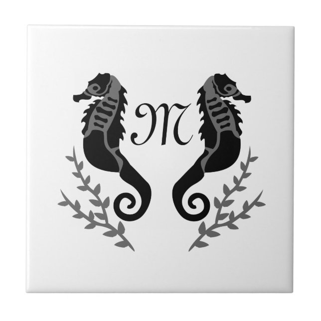 Black Seahorse Silhouette Monogram Kakelplatta (Framsidan)