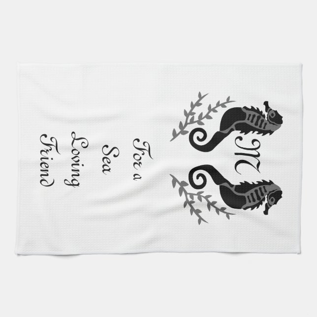 Black Seahorse Silhouette Monogram Kökshandduk (Horisontell)