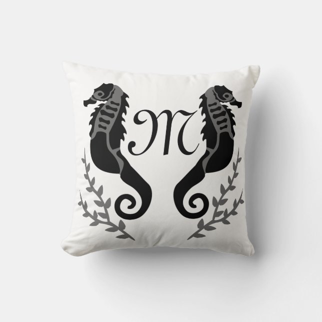 Black Seahorse Silhouette Monogram Kudde (Framsida)