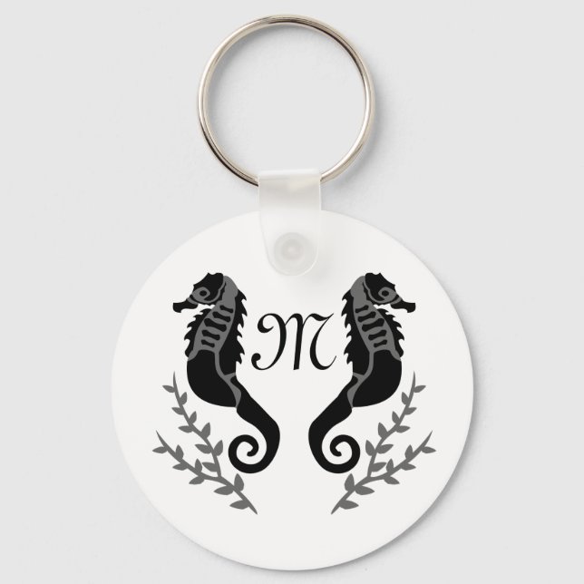Black Seahorse Silhouette Monogram Nyckelring (Framsida)