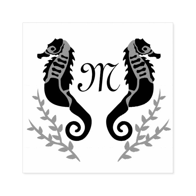 Black Seahorse Silhouette Monogram Stämpel (Tryck)