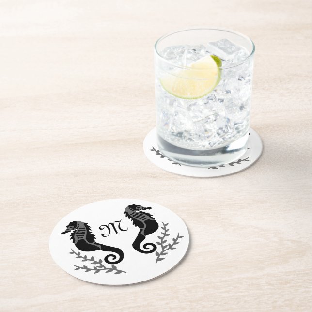 Black Seahorse Silhouette Monogram Underlägg Papper Rund (Insitu)