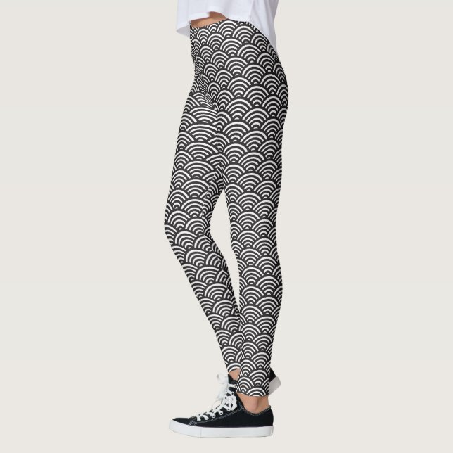 Black Seigaiha Japansk Wave Mönster Leggings (Vänster)