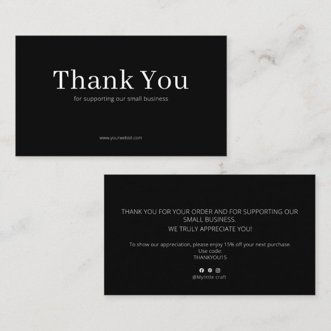 Black Serif Thank You Card Discount Code Business Visitkort (Fram/baksida)