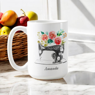 Black Sewing Maskin Quote Red Blommigt Kaffemugg