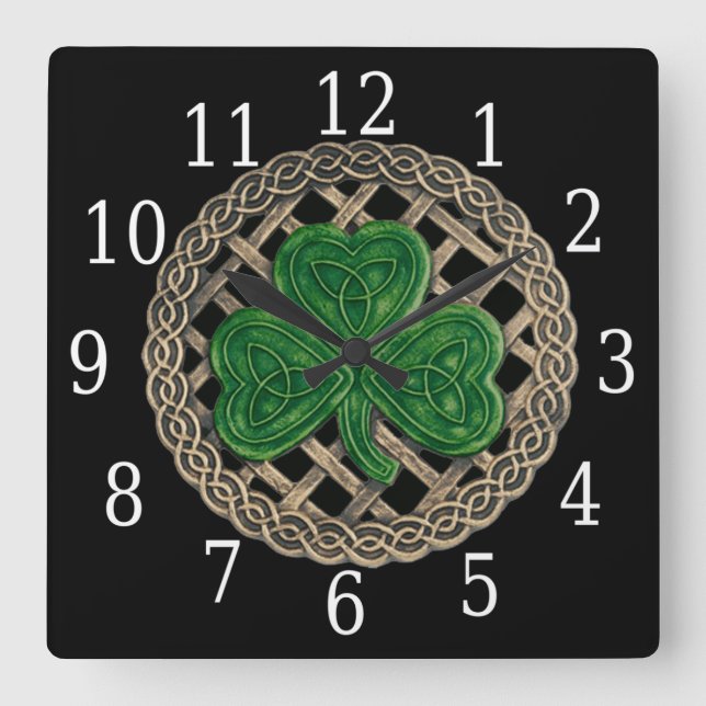 Black Shamrock and Celtic Knots Square Clock Fyrkantig Klocka (Framsida)
