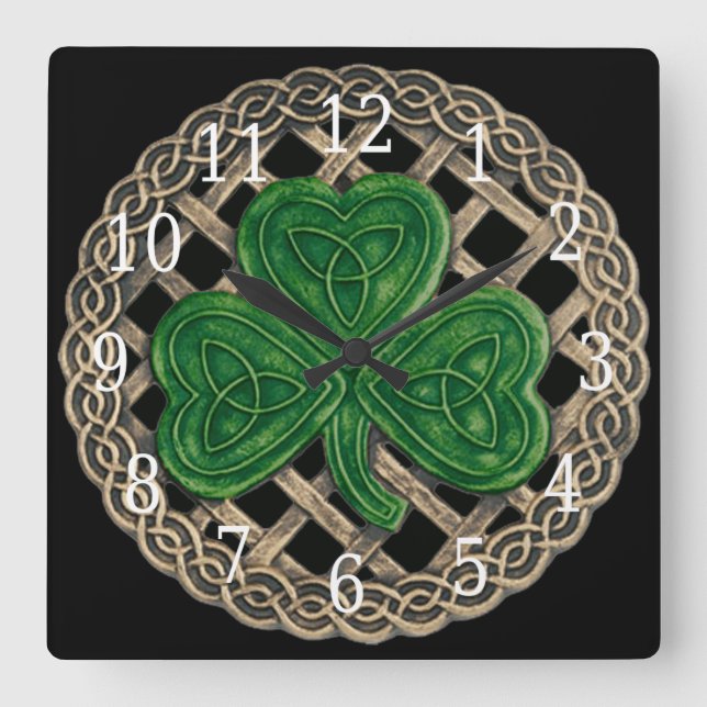 Black Shamrock and Celtic Knots Square Clock Fyrkantig Klocka (Framsida)