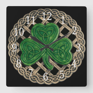 Black Shamrock and Celtic Knots Square Clock Fyrkantig Klocka