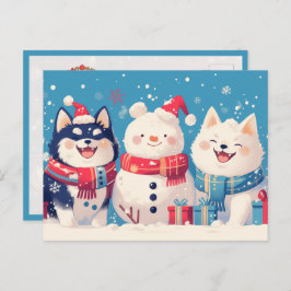 Black Shiba Inu and Samoyed dog with Snowman Vykort