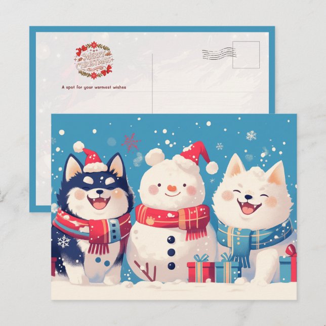 Black Shiba Inu and Samoyed dog with Snowman Vykort (Fram/baksida)
