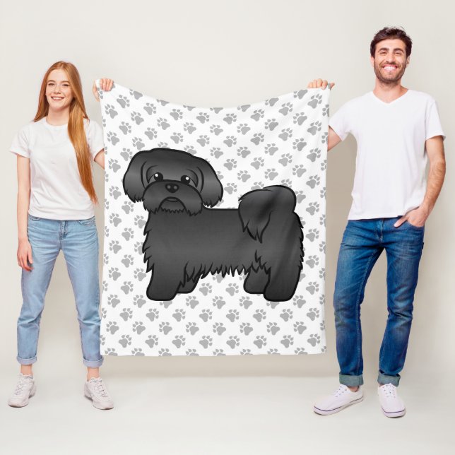 Black Shih Tzu Cute Tecknad hund Illustration Fleecefilt (På plats)