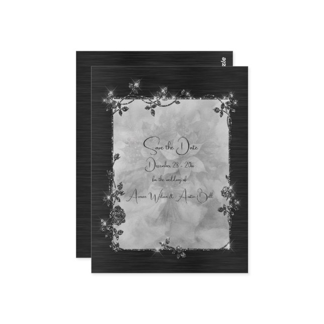 Black Shiny Elegant Sparkly Frame Save the Date Vykort (Fram/Back In Situ)