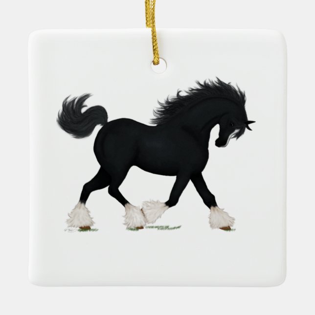 Black Shire Draft Horse with Blaze Equestrian Julgransprydnad Keramik (Framsida)