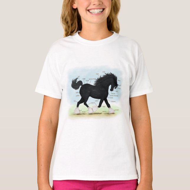 Black Shire Horse Educational Anatomical Chart T Shirt (Framsida)