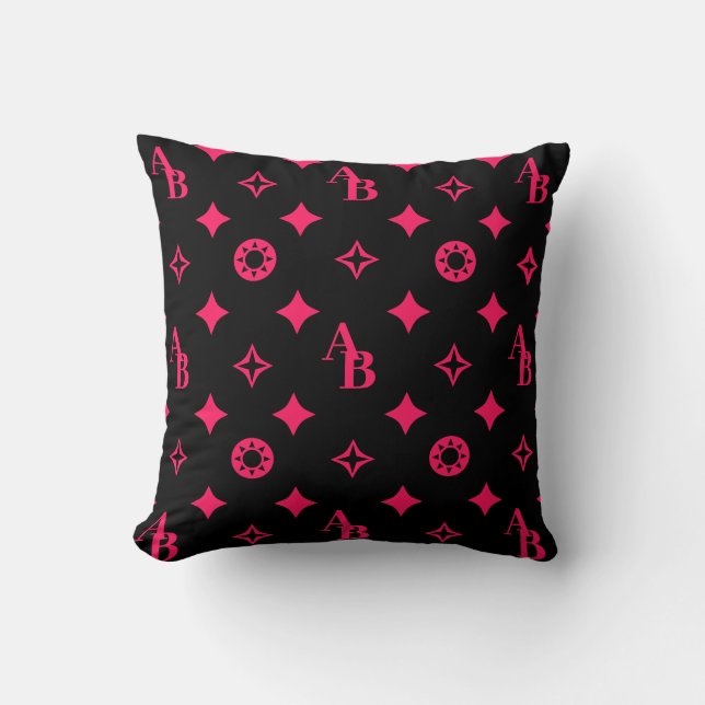 Black + Shock rosa Anpassningsbar Initial Monogram Kudde (Framsida)