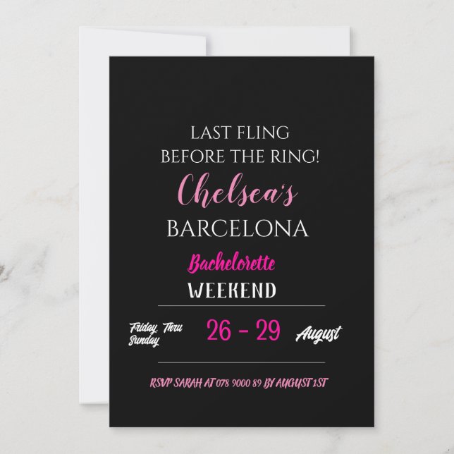 Black Shock rosa Bachelorette Party Itinerary Deta Inbjudningar (Framsida)