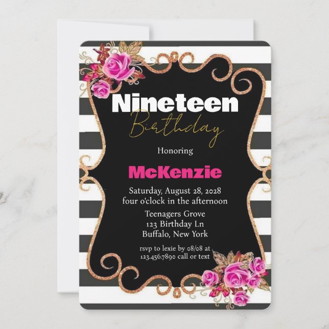 Black Shock rosa Girl 19:e Födelsedagsfesten Inbjudningar (Framsida)
