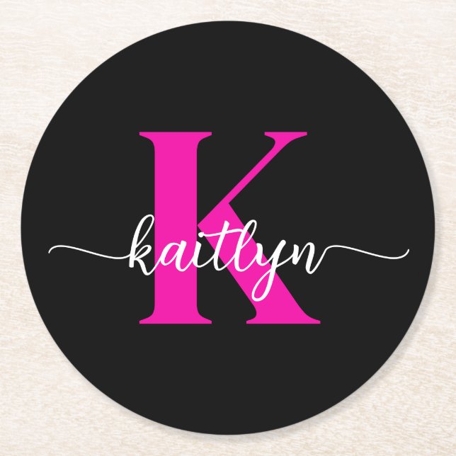 Black Shock rosa Monogram Underlägg Papper Rund (Framsidan)