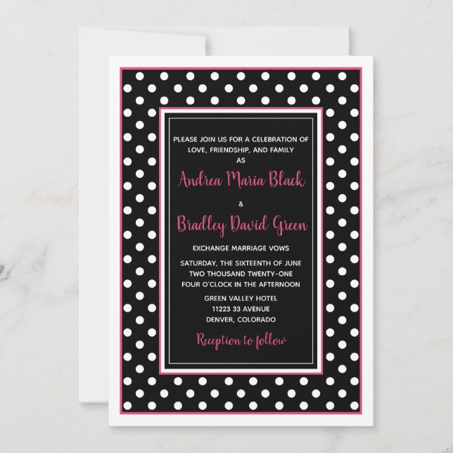 Black Shock rosa White Polka Dot Wedding-inbjudan Inbjudningar (Framsida)