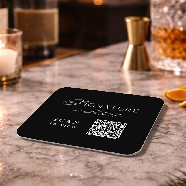 Black Signature Cocktail QR Code Wedding Coaster Underlägg Papper Kvadrat (Skapare uppladdad)