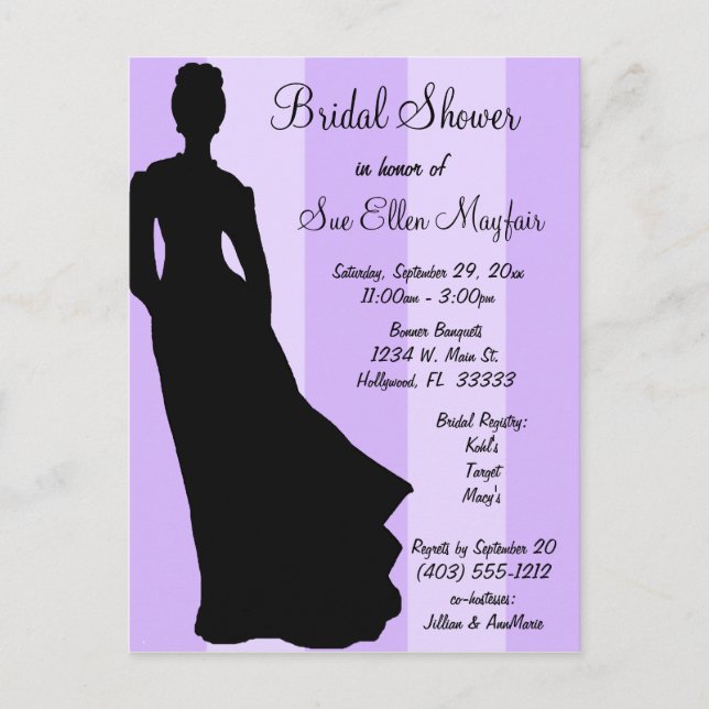 Black Silhouette Bride Lila Stripe Background Inbjudan Vykort (Framsida)