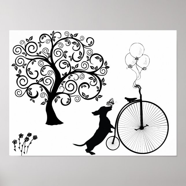 Black Silhouette Dachshund Bicycle Art Poster (Framsidan)