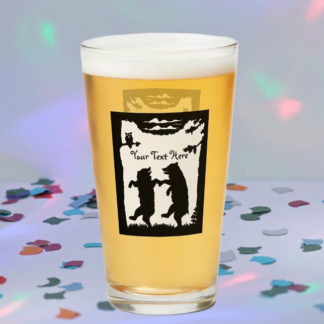 Black Silhouette Dancing Bears Träd Uggla på Gren Glaskopp (Two black bears in silhouette dancing in woods under trees owl on drinking glass tumbler.)