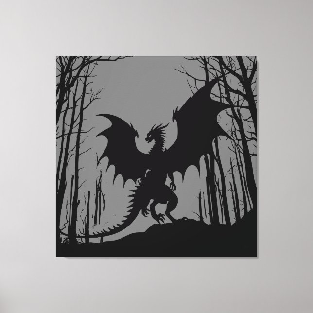 Black Silhouette Dragon on Grått - Fantasy | Canvastryck (Framsida)