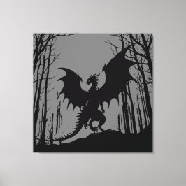 Black Silhouette Dragon on Grått - Fantasy | Canvastryck