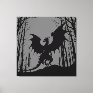 Black Silhouette Dragon on Grått - Fantasy   Canvastryck