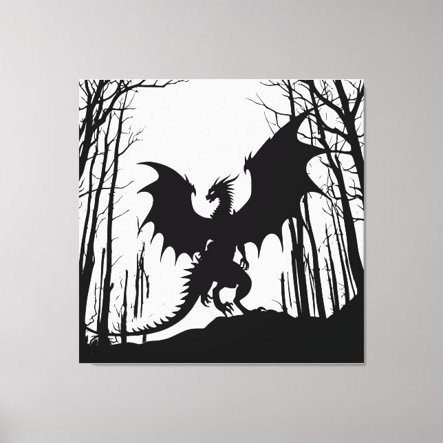 Black Silhouette Dragon on White - Fantasy | Canvastryck (Framsida)