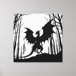 Black Silhouette Dragon on White - Fantasy Canvastryck