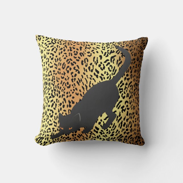 Black Silhouette-katt på Leopard Print Kudde (Framsida)