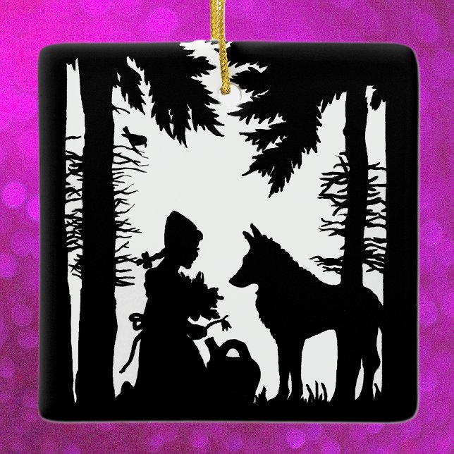 Black Silhouette Little Red Riding Huva Varg Skoge Julgransprydnad Keramik (Black and white Red riding hood kneeling under trees with wolf flowers on hanging ornament.)
