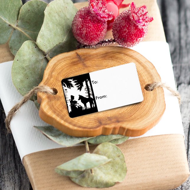 Black Silhouette Red Riding Huva Varg Skogen Adressetikett (Little Red Riding Hood with woof in the forest on silhouette black and white gift tag label.)