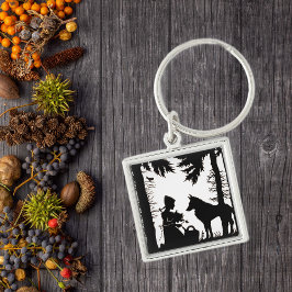 Black Silhouette Red Riding Huva Varg Skogen Fyrkantig Silverfärgad Nyckelring