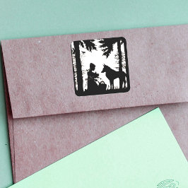 Black Silhouette Red Riding Huva Varg Skogen Fyrkantigt Klistermärke