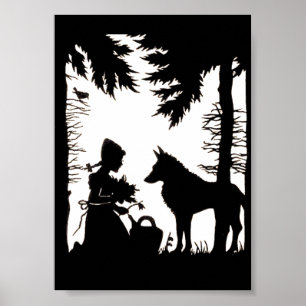 Black Silhouette Red Riding Huva Varg Skogen Poster
