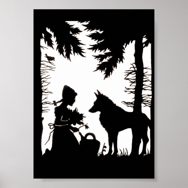 Black Silhouette Red Riding Huva Varg Skogen Poster (Framsidan)