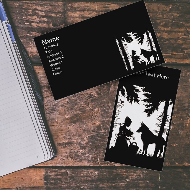Black Silhouette Red Riding Huva Varg Skogen Visitkort (Black silhouette on white Little Red Riding Hood in woods with wolf on business cards.)